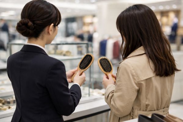 百貨店でブラシを選んでいる様子